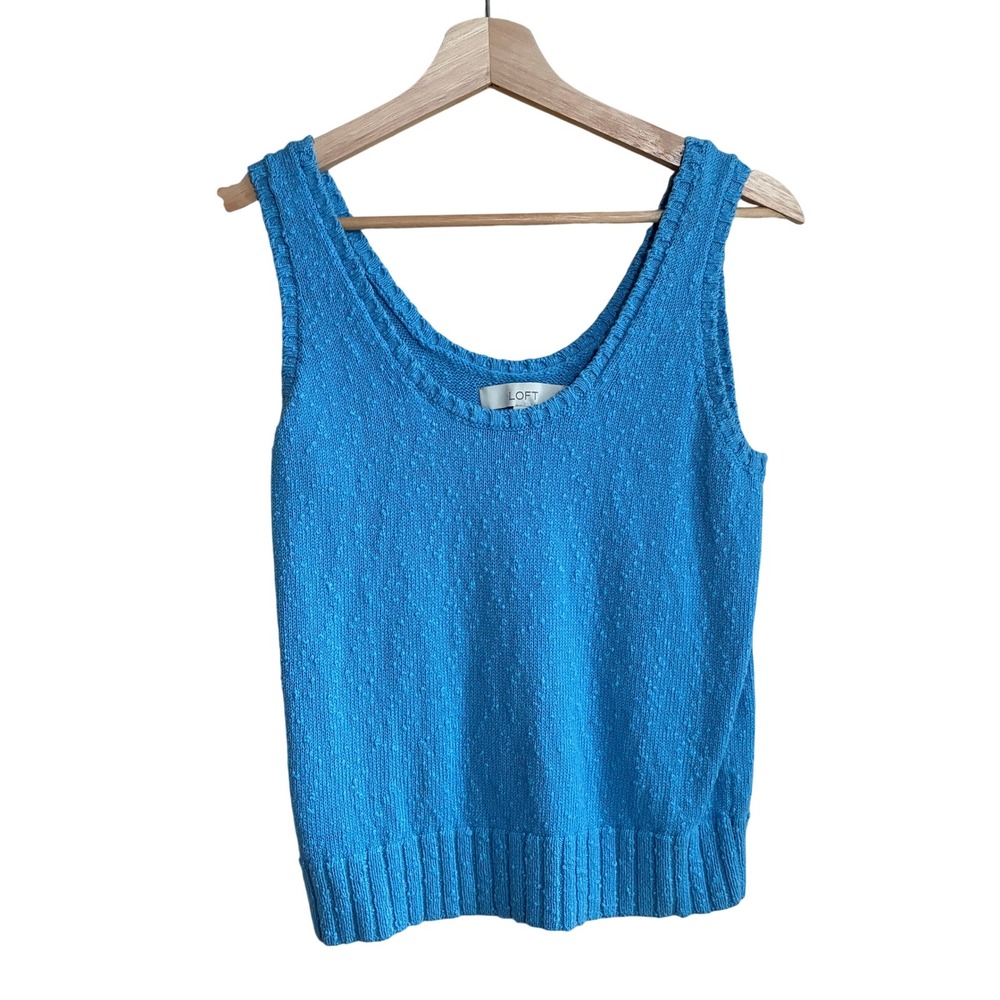 LOFT Textured Knit Sweater Tank Top XS Blue Womens Cotton Blend Scoop Neck